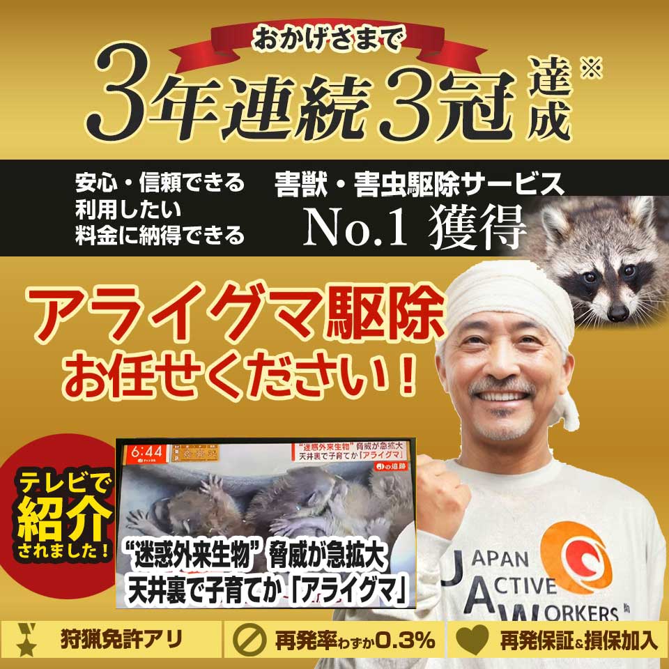 【東京都日野市】3年連続No.1のアライグマ駆除ワーカーズは調査・見積無料！アライグマなど害獣のお悩み何でもご相談ください｜東京都のアライグマ駆除ワーカーズ